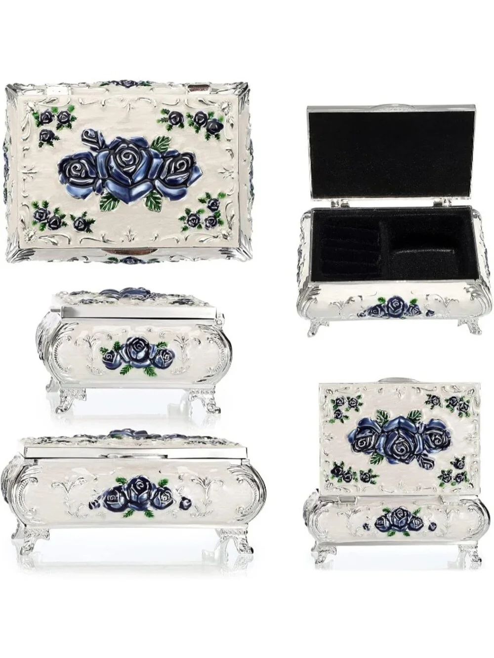 Vintage Small Metal White Trinket Case Engraved Jewelry Storage Box For Necklace